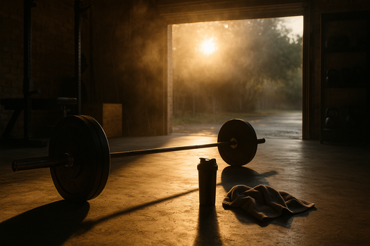 Garage gym recovery setup with barbell, shaker bottle, and sunlight after intense home workout — fitness recovery tips and nutrition focus.